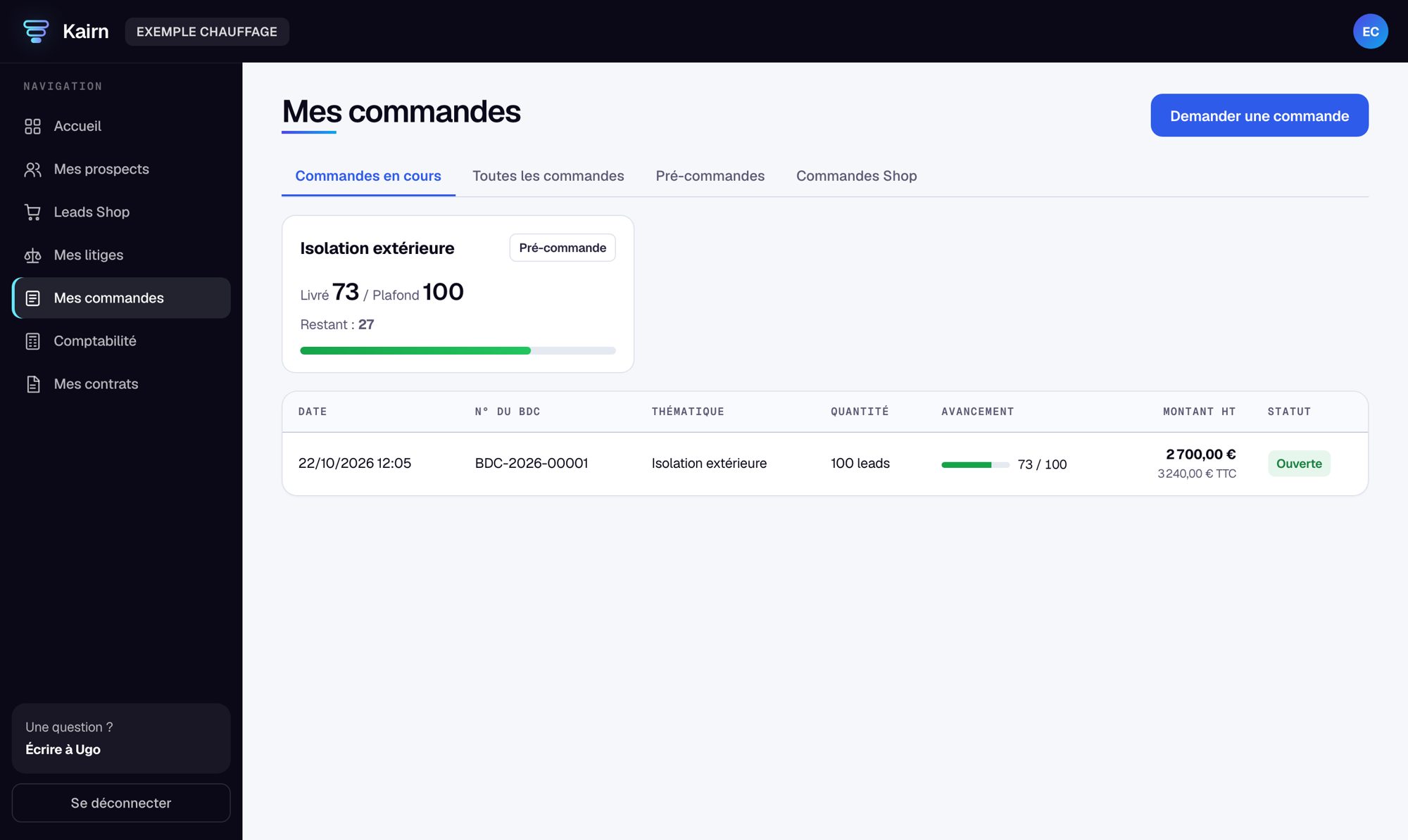 Mes commandes dans l’espace client Kairn