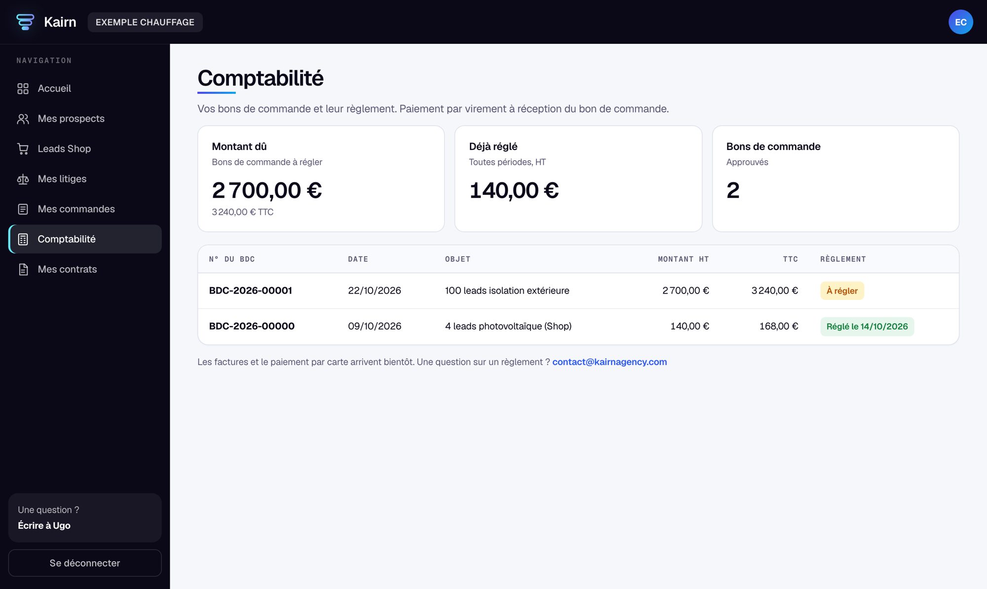 Comptabilité dans l’espace client Kairn