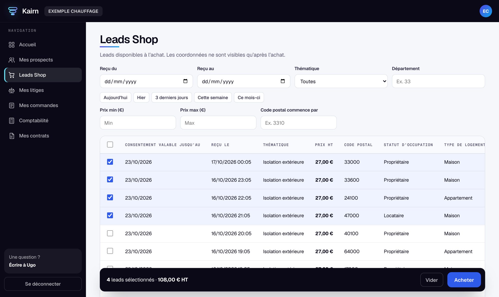 Leads Shop dans l’espace client Kairn